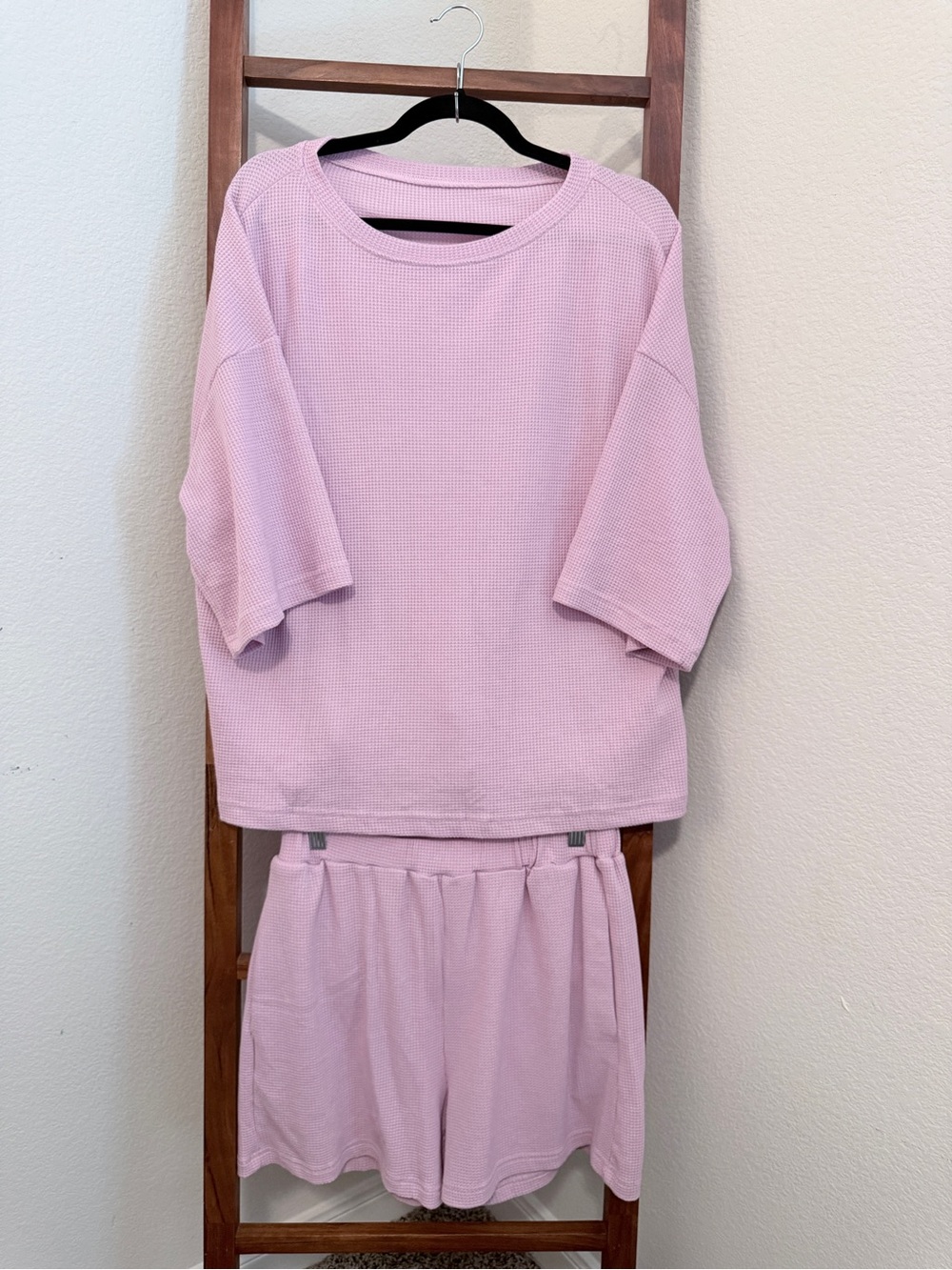 Women's Light Pink Waffle Short Sleeve Top and Shorts Set
